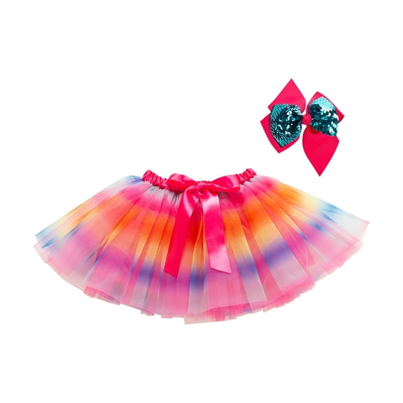 Odeerbi Girls Skirts Tutu Skirt Toddler Cute Party Dance Outfit Splice Rainbow Net Yarn Sequins Tulle Skirt Bow Hairpin Suit Pink