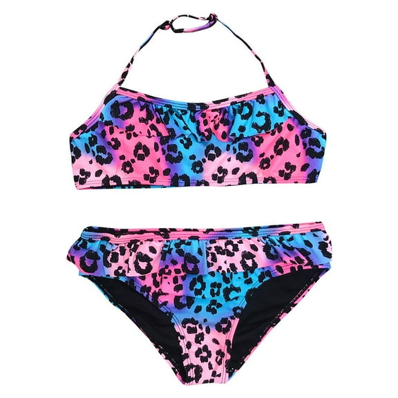 Odeerbi Girls Swimsuit Children Baby Leopard Ruched Bikini Set Swimwear Bathing Clothes