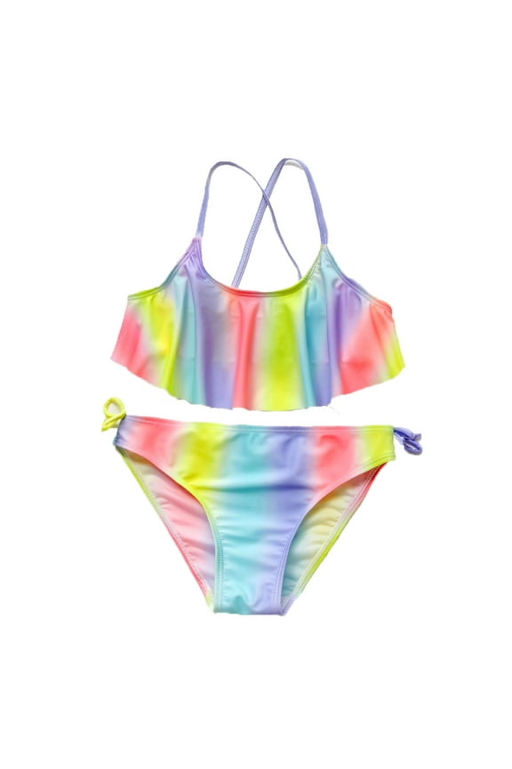 Girls Swimsuit Tie-Dye Printed Bikini Suit With Ruffled Frills Children's Split