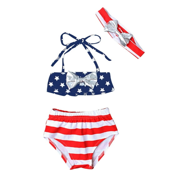 Odeerbi Girls Swimsuit Toddler Baby Independence Day 2025 Fashion Stripe Star Print Bow Lacing Suit