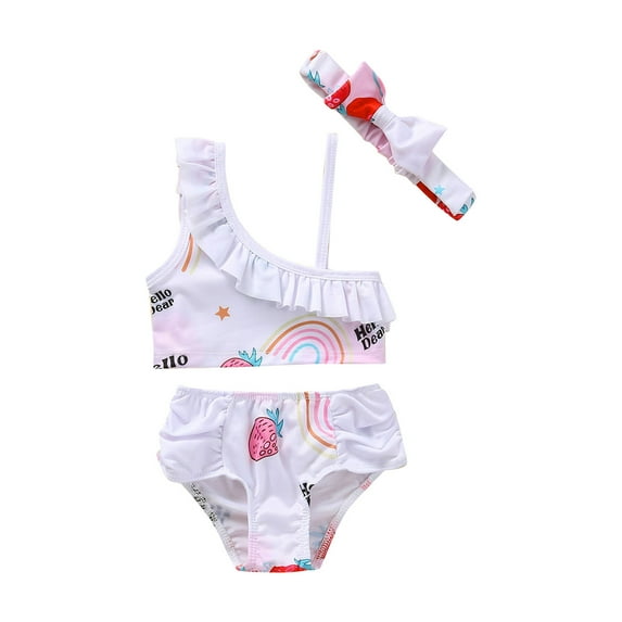 Odeerbi Girls Swimsuit Toddler Kids One-shoulder Sling Fruit Print Ruffle Beach Swimwear White