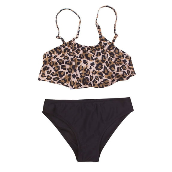 Odeerbi Girls Swimsuit Toddler Sling Leopard Gradient Color Beach Ruffle Bikini Suit Black