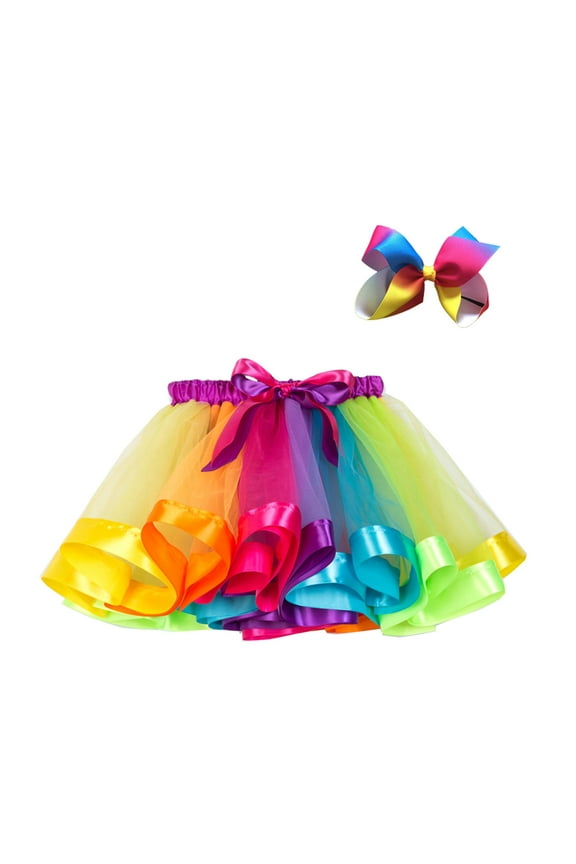 Girls Tutu Skirt Toddler Baby Cute Rainbow Net Yarn Princess Skirt Pettiskirt Multi-color Skirt Bow Hairpin Set Blue