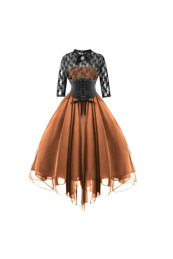Gothic Dress for Women Renaissance Medieval Court Dress Off Shoulder Lace Chiffon Dress 2025 Fashion Sexy Round Neck Half Sleeve Banquet Dress Orange