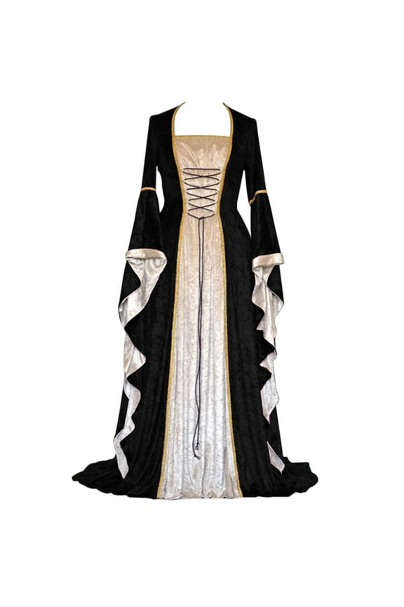 Gothic Vintage Maxi Dress for Women 2025 Renaissance Medieval Court Dress Golden Velvet Flared Sleeve Party Gown Dress Black