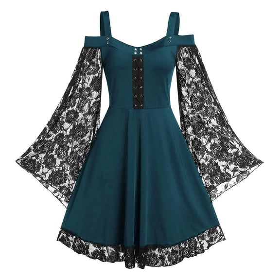 Odeerbi Halloween Gothic Elegant Dress for Women Plus Size Renaissance Medieval Vintage Maxi Dress Mesh Lace 2025 Long Sleeves Dresses Navy