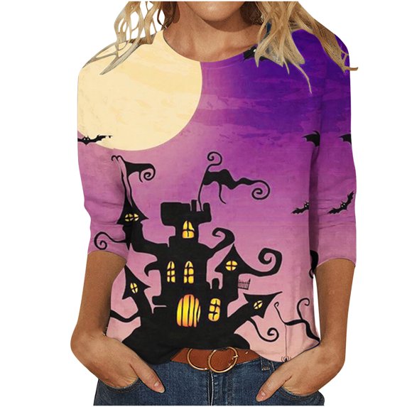 Odeerbi Halloween Graphic Shirts for Women Vintage Retro Blouse Fashion Printed Loose T-shirt Three Quarter Sleeves Round Neck 2024 Casual Tops Purple