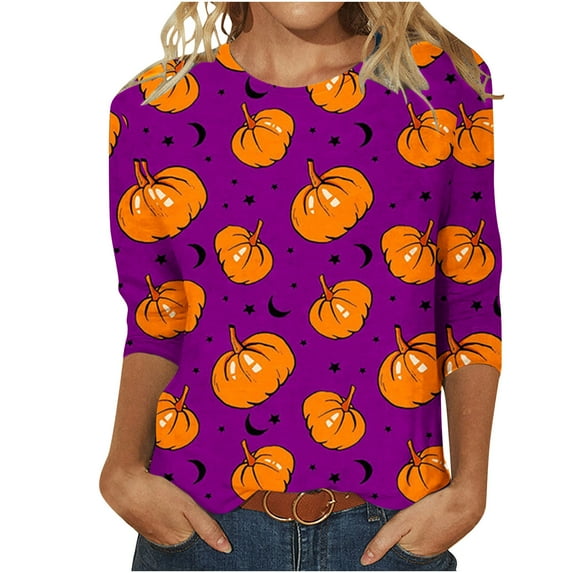 Odeerbi Halloween Graphic Shirts for Women Vintage Retro Blouse Fashion Printed Loose T-shirt Three Quarter Sleeves Round Neck 2025 Casual Tops Hot Pink