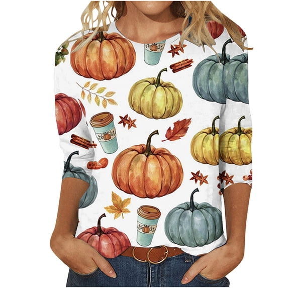 Odeerbi Halloween Graphic Shirts for Women Vintage Retro Blouse Fashion Printed Loose T-shirt Three Quarter Sleeves Round Neck 2024 Casual Tops Khaki