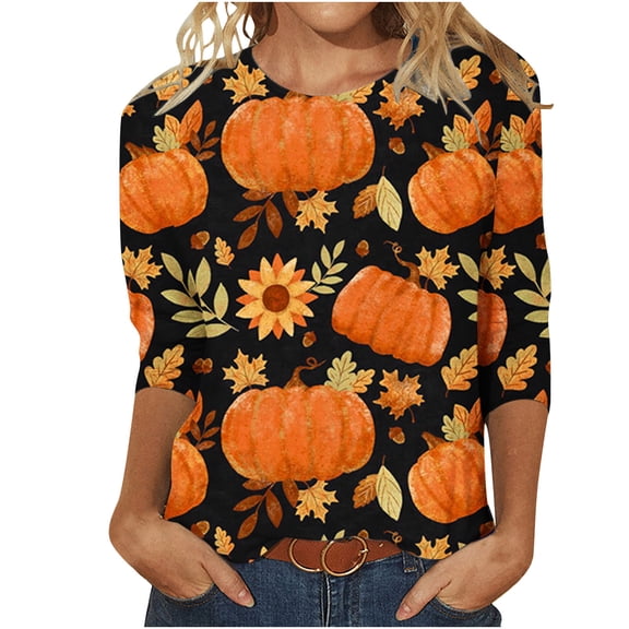 Odeerbi Halloween Graphic Shirts for Women Vintage Retro Blouse Fashion Printed Loose T-shirt Three Quarter Sleeves Round Neck 2025 Casual Tops Black