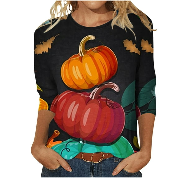 Odeerbi Halloween Graphic Shirts for Women Vintage Retro Blouse Fashion Printed Loose T-shirt Three Quarter Sleeves Round Neck 2025 Casual Tops Black