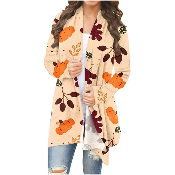 Odeerbi Halloween Pumpkin Cardigan for Women Vintage Fall Open Front Cardigan 2024 Casual Sexy Fashion Print Long Sleeve Coat Blouse Beige
