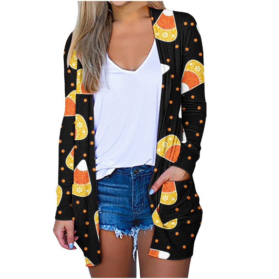 Odeerbi Halloween Pumpkin Cardigan for Women Vintage Fall Open Front Cardigan 2024 Fashion Loose Long Sleeve Coat Blouse With Pockets Black