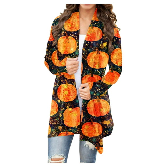 Odeerbi Halloween Pumpkin Cardigan for Women Vintage Fall Open Front Cardigan 2024 Fashion Printed Long Sleeved Jacket Tops Orange