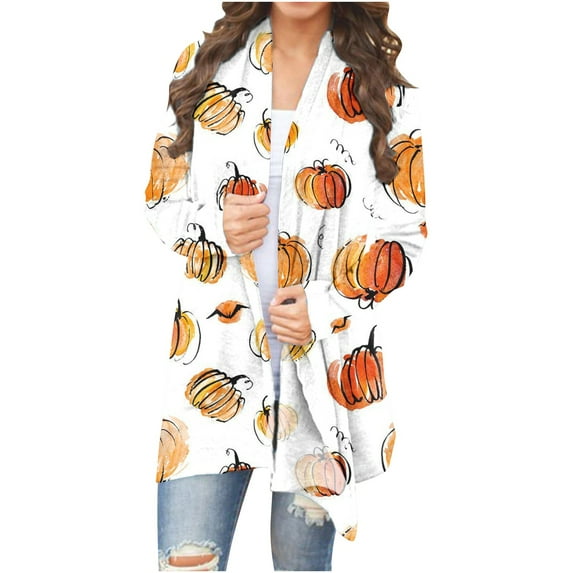 Odeerbi Halloween Pumpkin Cardigan for Women Vintage Fall Open Front Cardigan 2025 Casual Sexy Fashion Print Long Sleeve Coat Blouse White