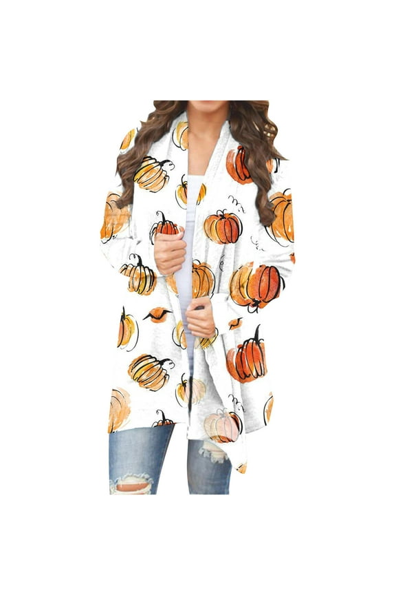 Halloween Pumpkin Cardigan for Women Vintage Fall Open Front Cardigan 2025 Casual Sexy Fashion Print Long Sleeve Coat Blouse White
