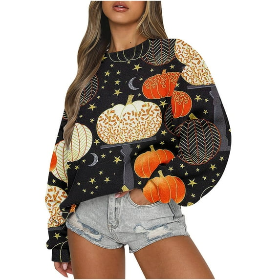Odeerbi Halloween Pumpkin Witch Crewneck Sweatshirt for Women Vintage Retro Sweatshirts Printed Loose Fitting 2024 Long Sleeve Hoodless Sweatshirt Black