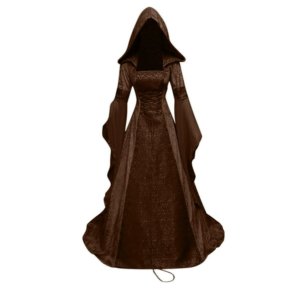 Odeerbi Halloween Renaissance Medieval Hooded Dress for Women Elegant Vintage Court Corset Dress 2025 Fashion Long Sleeve Floor Length Dress Coffee