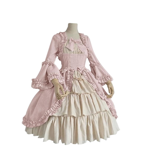 Halloween Retro Dress Lolita Dress Court Square Neck Dress Women Vintage Gothic Court Square Collar Patchwork Bow Long Sleeve Dress