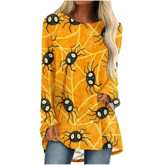 Odeerbi Halloween Vintage Graphic Shirts for Women Long Sleeve Retro Blouse Summer Fashion Casual Print Round Neck Loose T-shirt Tops Orange