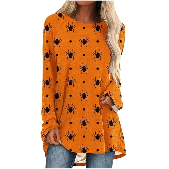Odeerbi Halloween Vintage Graphic Shirts for Women Long Sleeve Retro Blouse Summer Fashion Casual Print Round Neck Loose T-shirt Tops Orange