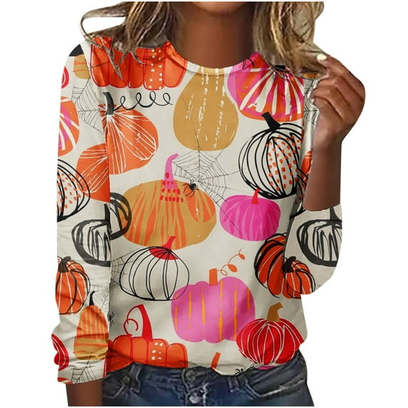 Odeerbi Halloween Vintage Pumpkin Graphic Shirts for Women Long Sleeve Retro Blouse Printed Round Neck 2024 Casual Pullover Pink