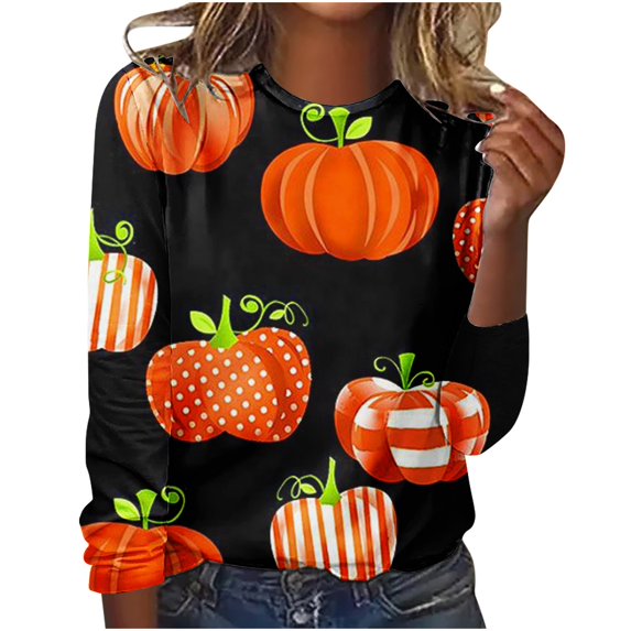 Odeerbi Halloween Vintage Pumpkin Graphic Shirts for Women Long Sleeve Retro Blouse Printed Round Neck Casual Pullover Black