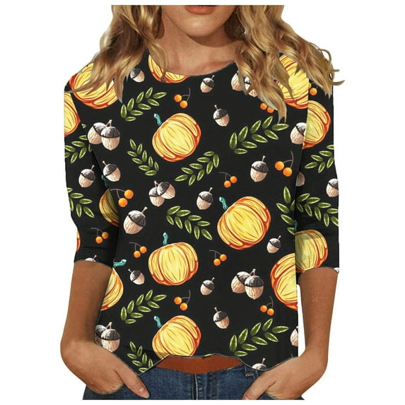 Odeerbi Halloween Vintage Pumpkin Shirts for Women Retro Graphic Blouse Fashion Printing Loose T-shirt Three Quarter Sleeve Round Neck 2025 Casual Tops Yellow