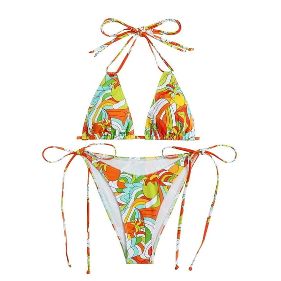 Odeerbi Halter Swimsuits for Women 2025 Printed Bikini Erogenous Slim Neck Tie Split Swimsuit Suit Orange