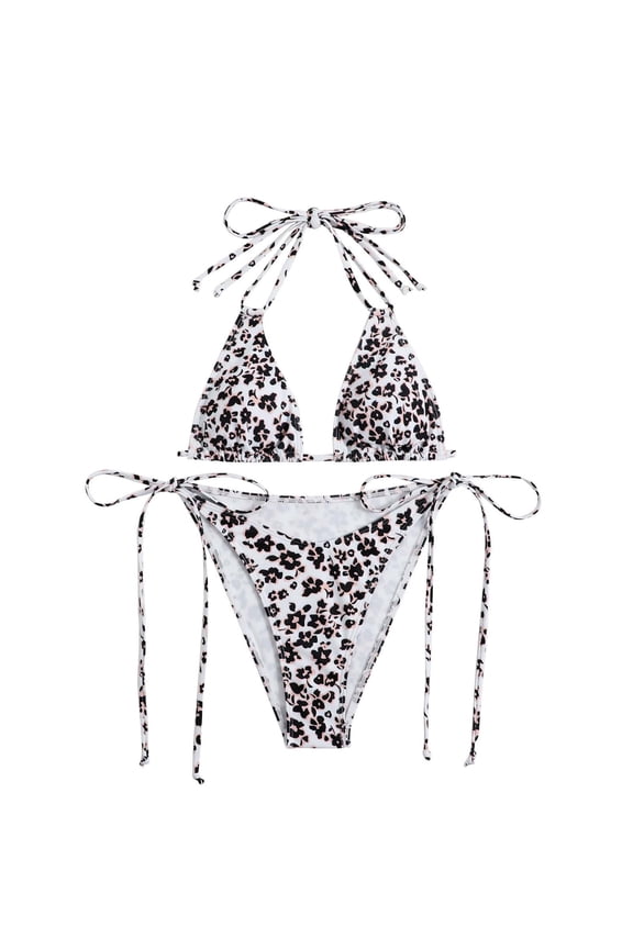 Halter Swimsuits for Women 2025 Printed Bikini Erogenous Slim Neck Tie Split Swimsuit Suit Orange