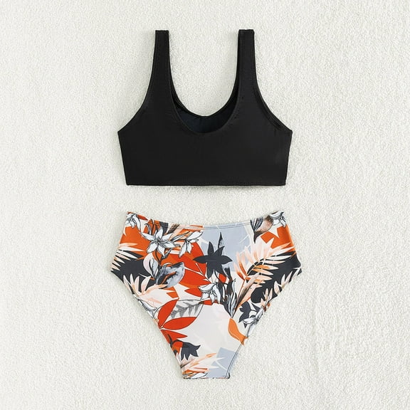 Odeerbi High Waisted Bikini Sets for Teen Girls Floral Two Piece Swimsuits 7-15 Years Kids Girls Print Monokini Push Up Swimwear Sets Swimming Suits Black