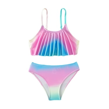 Odeerbi High Waisted Bikini Sets for Kids Girls Gradient Two Piece Swimsuits 6-12 Years Girls Beachwear Leaf Gradient Color Split Swimwear Pink