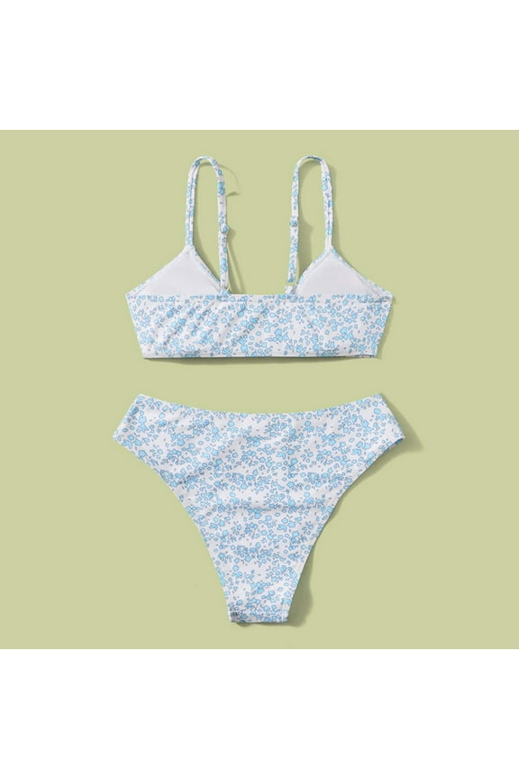 High Waisted Bikini Sets for Teen Girls Cutout Two Piece Swimsuits Girl's Bathing Suit Floral Print Swimwear 8-14 Years Blue