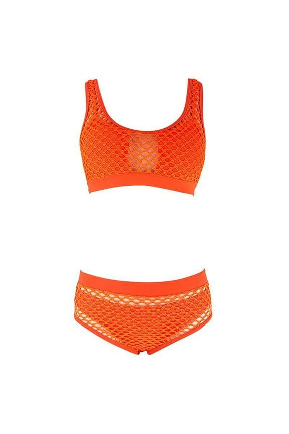 Hollow Out Fishnet Bikini Sets for Women High Waisted Two Piece Swimsuits Solid Color Swimwear Sexy Slimming Hollow Mesh Split Beachwear Set Orange