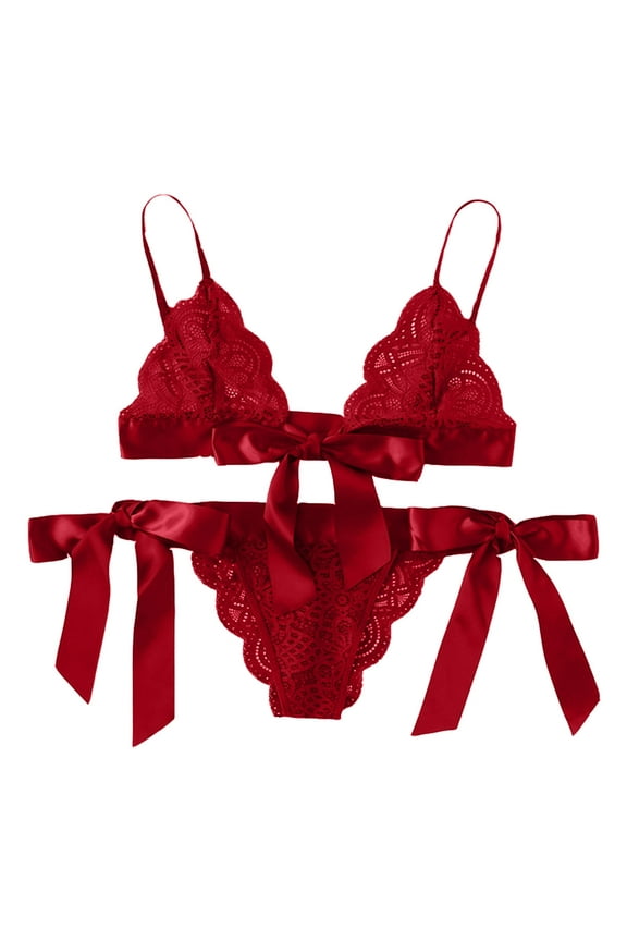 Hollow Out Lingerie for Women Sheer Lingerie 2025 Fashion Net Yarn Lace Perspective Bowknot Sexy Sling Temptation Underwear Set Red