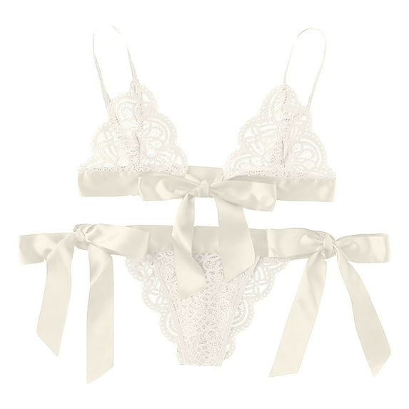 Odeerbi Hollow Out Lingerie for Women Sheer Lingerie 2025 Fashion Net Yarn Lace Perspective Bowknot Sexy Sling Temptation Underwear Set White