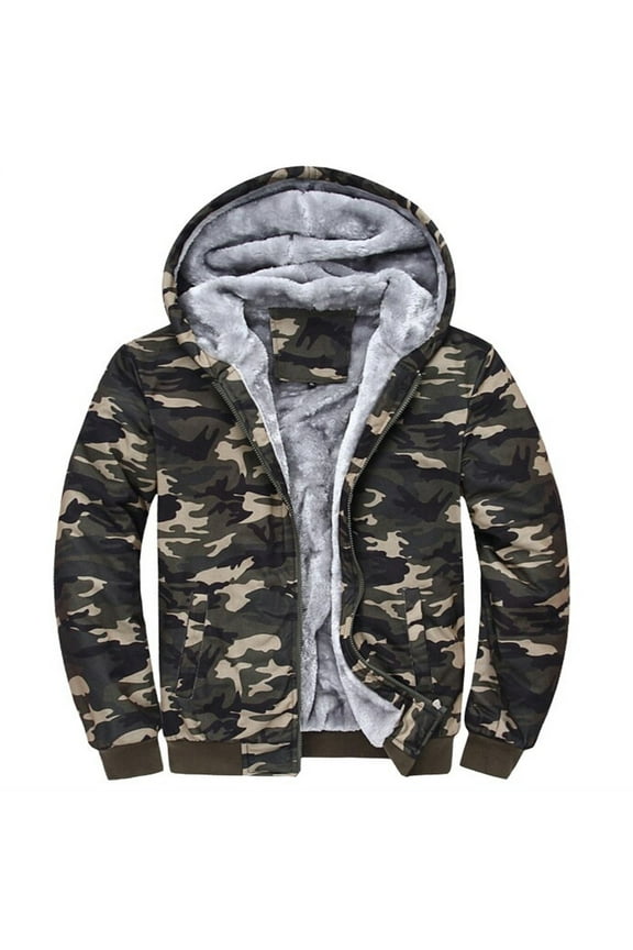 Hooded 2025 Casual Outwear Jackets for Men Zip Up Hooded Fleece Sweatshirts Pullover Warm Winter Fuzzy Sherpa Lined Camouflage Jackets Coats For Men Green