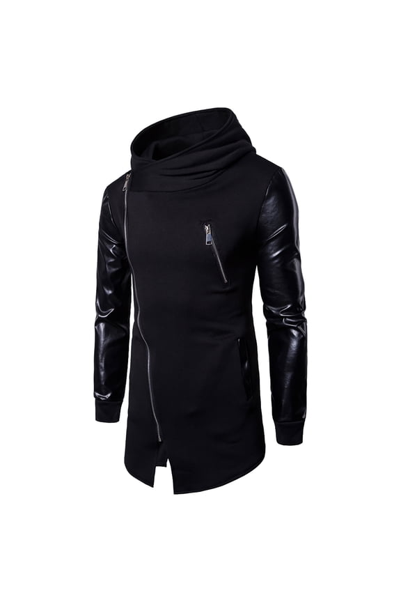 Hooded Casual Outwear Jackets for Men Sweater Trendy Casual Sleeves And Leather Irregular Hooded Jacket Black