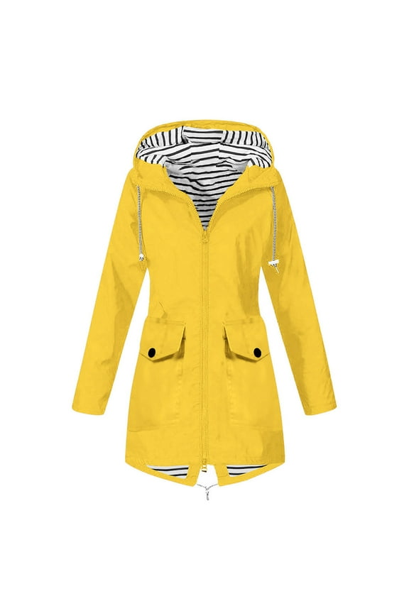 Hooded Jackets for Women 2025 Solid Rain Jacket Outdoor Plus Size Waterproof Hooded Windproof Loose Coat Yellow