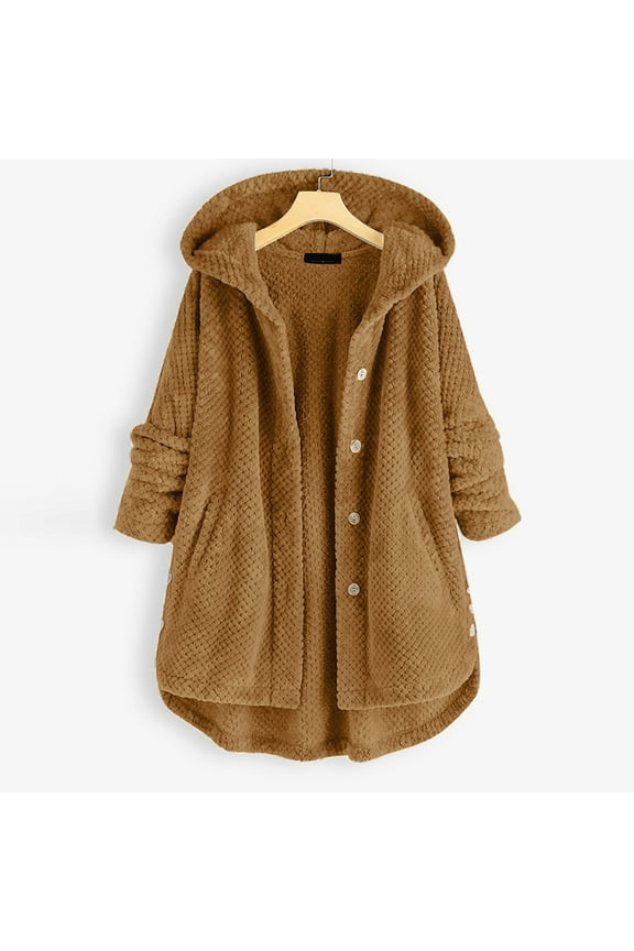 Hooded Jackets for Women Plus Size 2025 Casual Button Pockets High Low Long Sleeve Hooded Coat Tops Brown