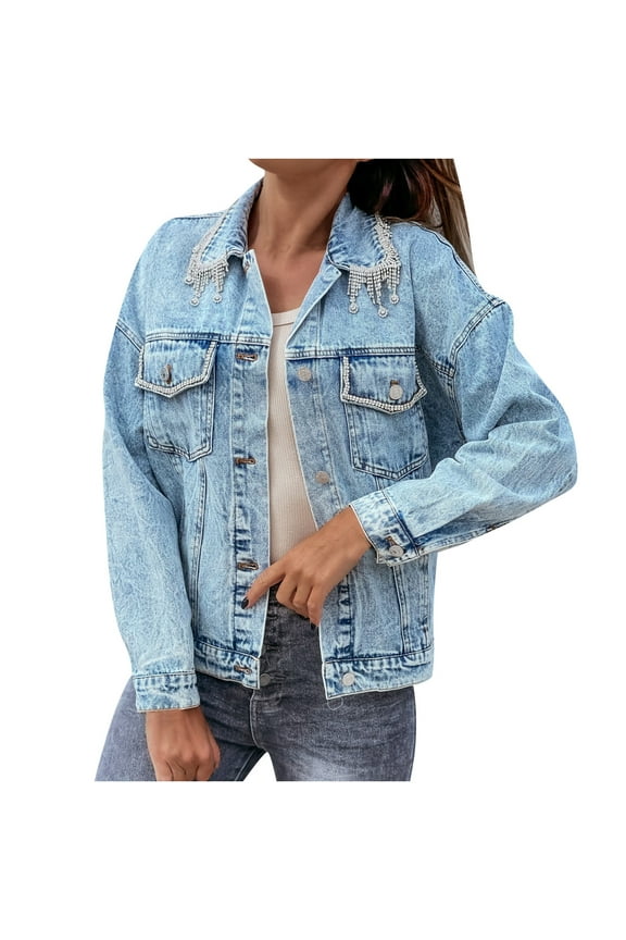 Hooded Jackets for Women Trendy 2025 Casual Loose Tassel Lapel Single-Breasted Jacket Denim Jacket Coat Blue