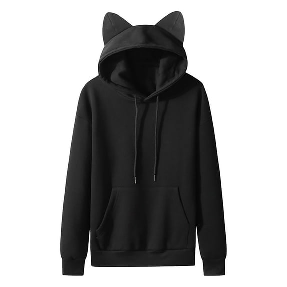 Odeerbi Hooded Sweatshirts for Men Casual Solid Pullover Cat Ears Hooded Fleece Pocket Sweatshirt Hoodie Black