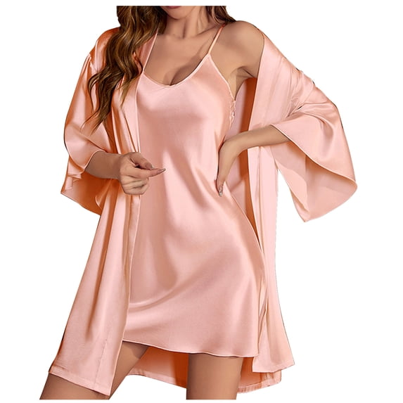 Odeerbi Ice Silk Nightdress with Kimono Robes for Women Soft Satin Nightgown Two Piece Set Casual Home Wear Sleeveless V Neck Rope Night Pajamas Suits Pink