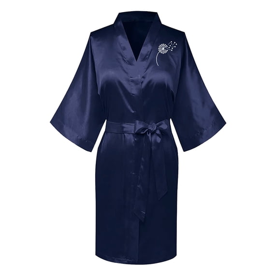 Odeerbi Ice Silk Nightgowns for Women Satin Bathrobe Fashion Summer Kimono Robe Front Back Printed Solid Color Sexy Home Clothing Navy
