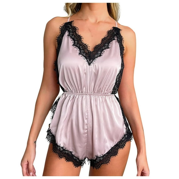 Odeerbi Ice Silk Onesie Pajamas for Women Sleep Rompers Sexy Lace Strap Bodysuit Fashion Printed Comfortable Backless Jumpsuit Pink