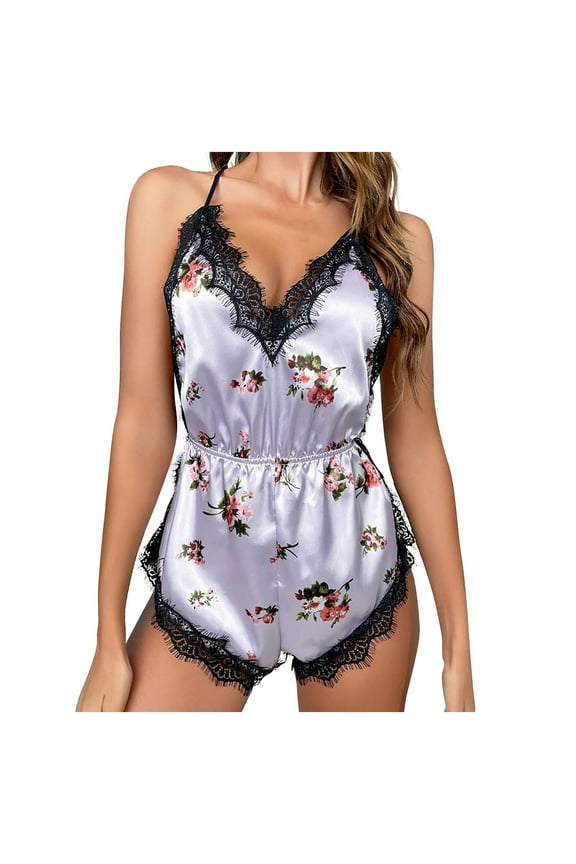 Ice Silk Onesie Pajamas for Women Sleep Rompers Sexy Lace Strap Bodysuit Fashion Printed Comfortable Backless Jumpsuit Purple