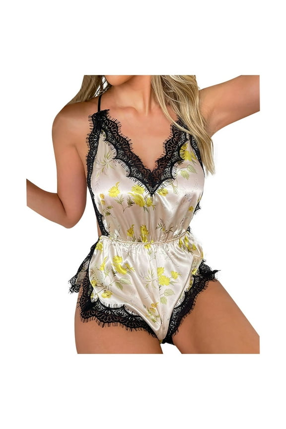 Ice Silk Onesie Pajamas for Women Sleep Rompers Sexy Lace Strap Bodysuit Fashion Printed Comfortable Backless Jumpsuit Yellow