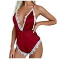 thumbnail image 1 of Odeerbi Ice Silk Onesie Pajamas for Women Sleep Rompers Sexy Lace Strap Split Bodysuit Fashion Printed Comfortable Backless Jumpsuit Red, 1 of 9