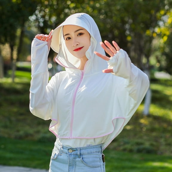 Odeerbi Ice Silk Sun Shirts for Women Sun Protective Hooded Coat Sunscreen Jacket with Hat Summer Breathable Cycling Beach Cover Ups White
