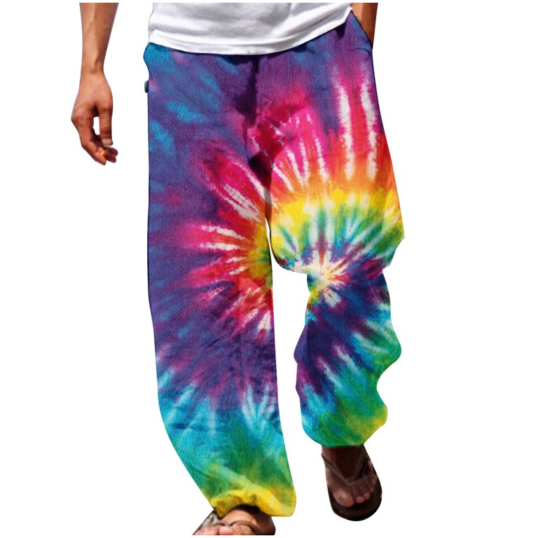 Tie Dye Mens Casual Beach Trousers Linen Summer Pants Mens Pants Rainbow  Pants Sizes: S-3XL 